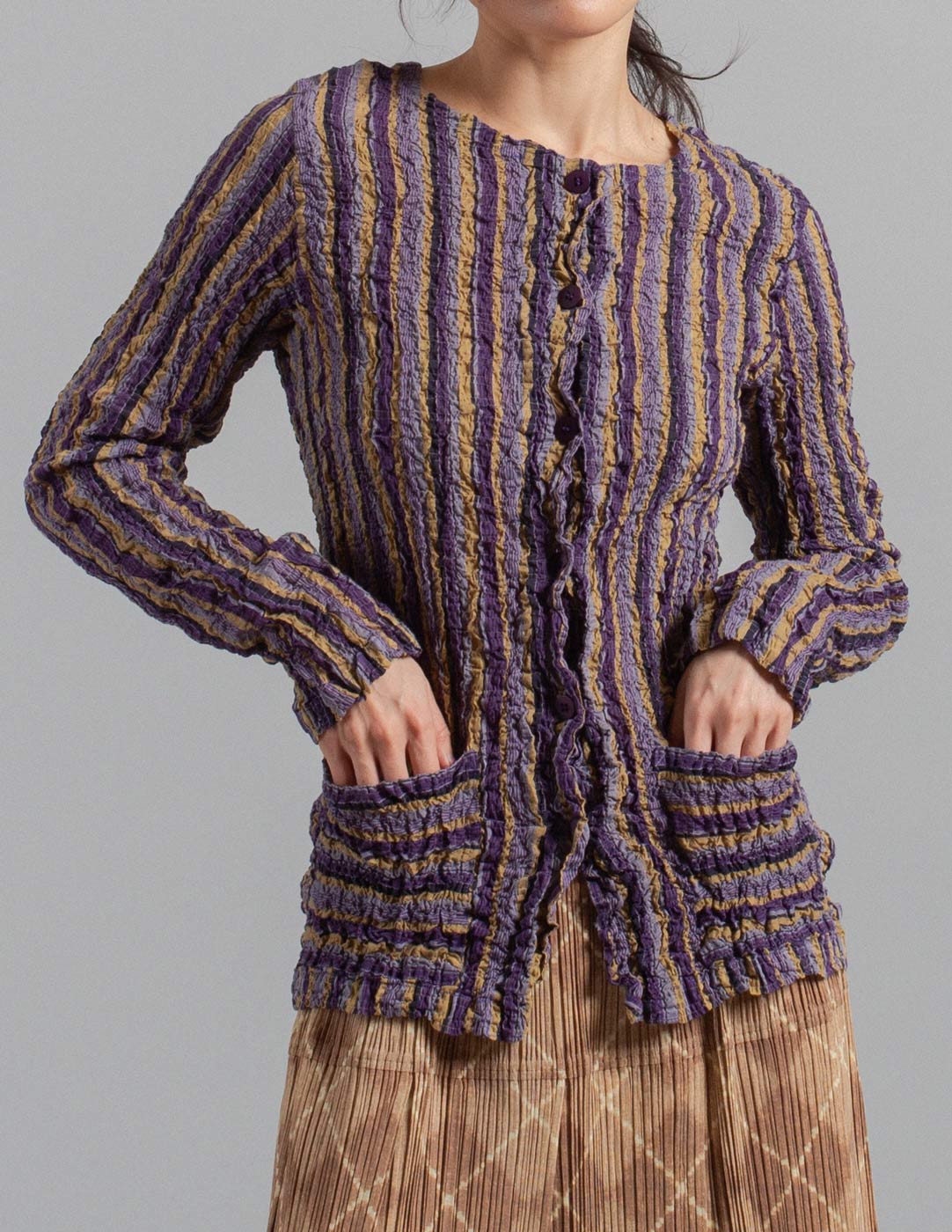 Issey Miyake purple tone striped crinkle buttoned top