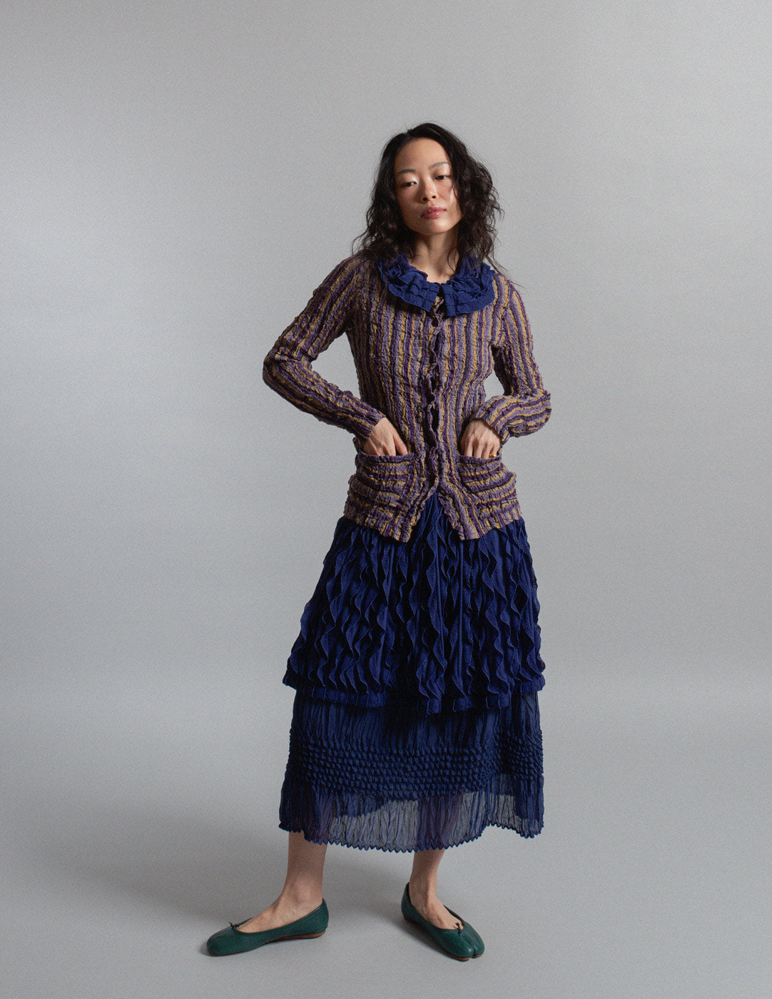 Issey Miyake purple tone striped crinkle buttoned top