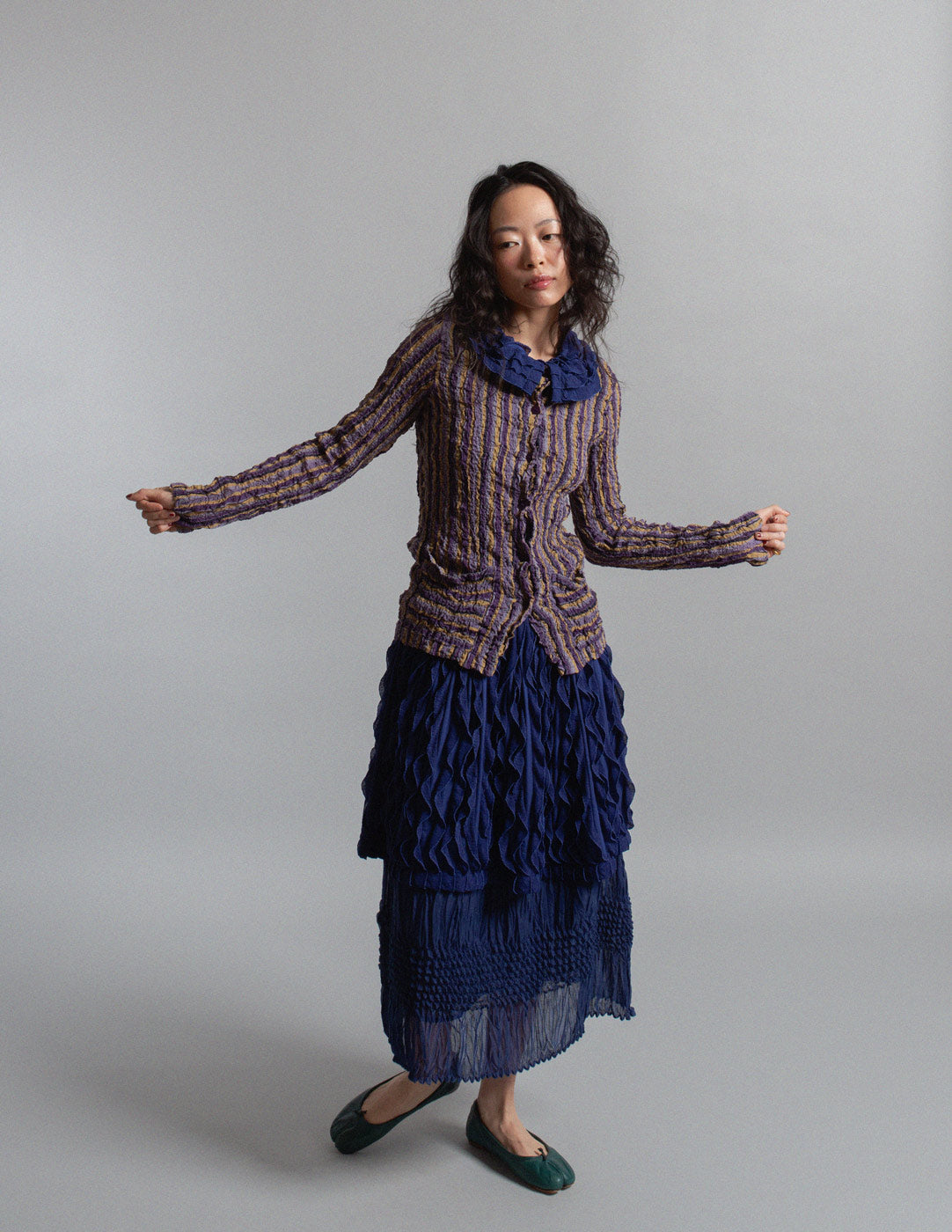 Issey Miyake purple tone striped crinkle buttoned top