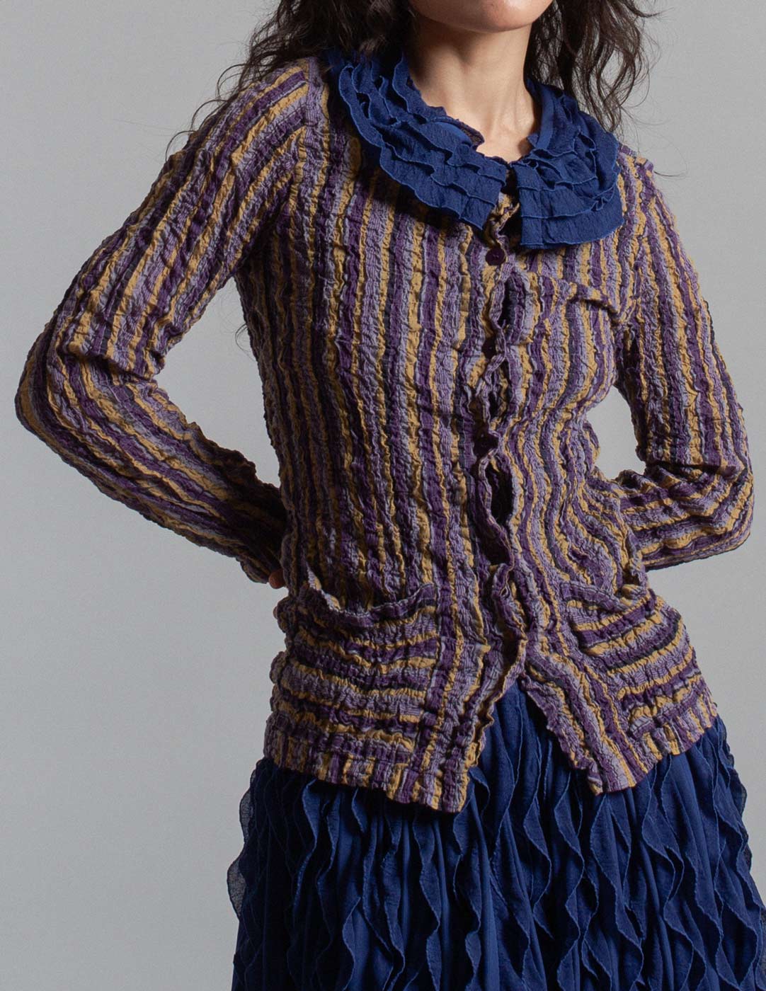 Issey Miyake purple tone striped crinkle buttoned top front detail