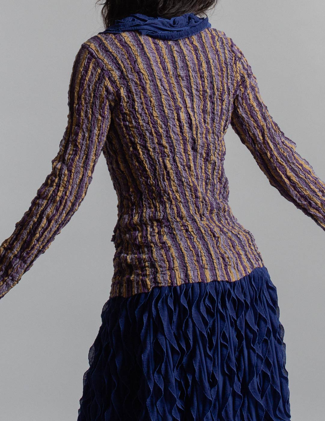 Issey Miyake purple tone striped crinkle buttoned top back detail