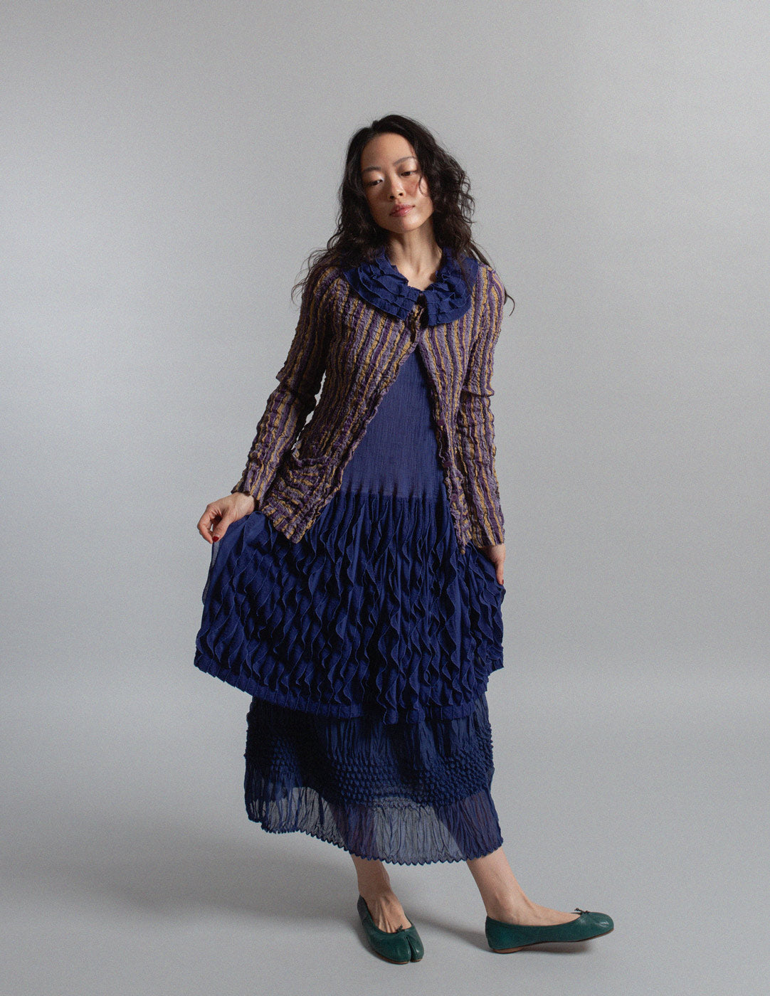 Issey Miyake purple tone striped crinkle buttoned top