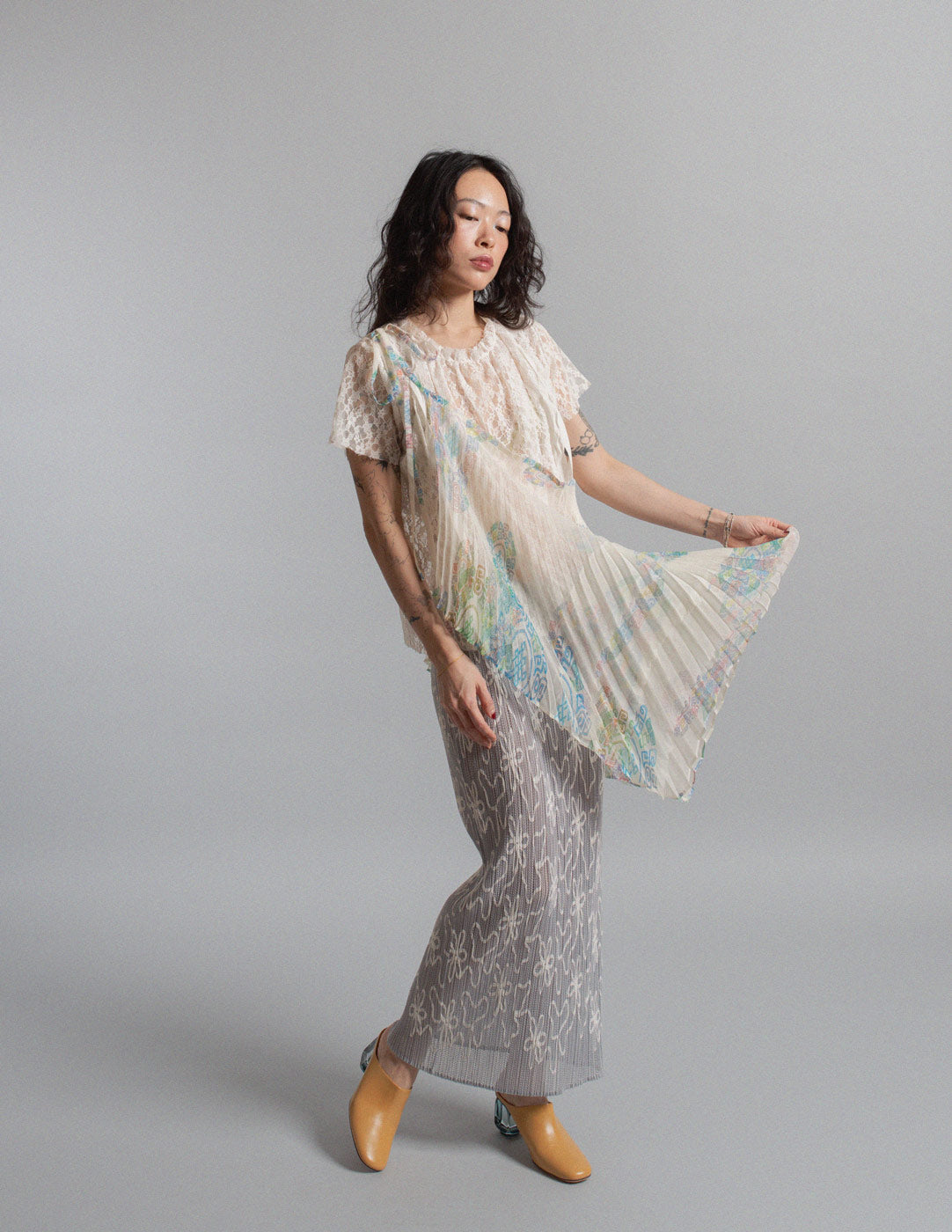 mandala motif sheer pleated wrap skirt