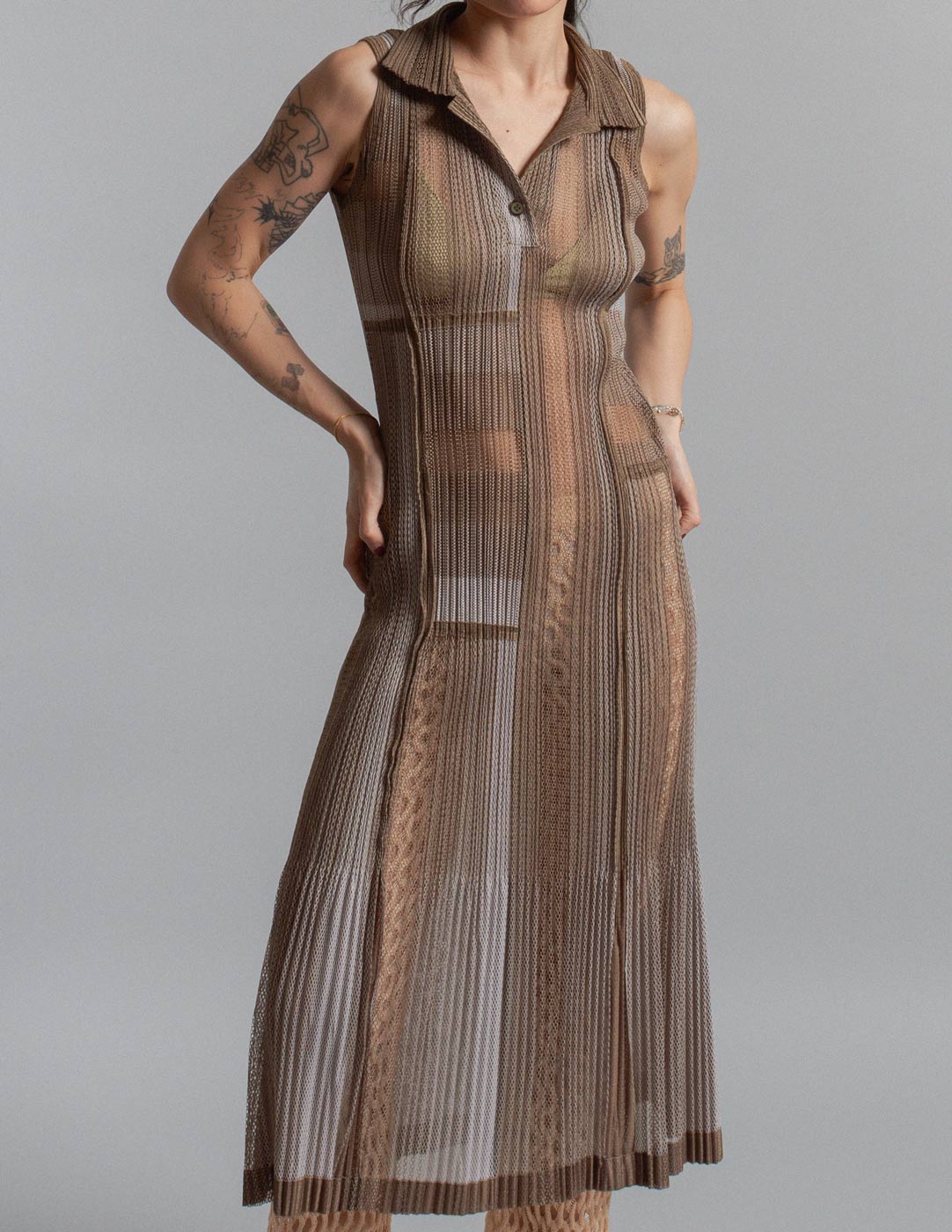 Pleats Please vintage sheer tonal patchwork pleated sleeveless dress front detail