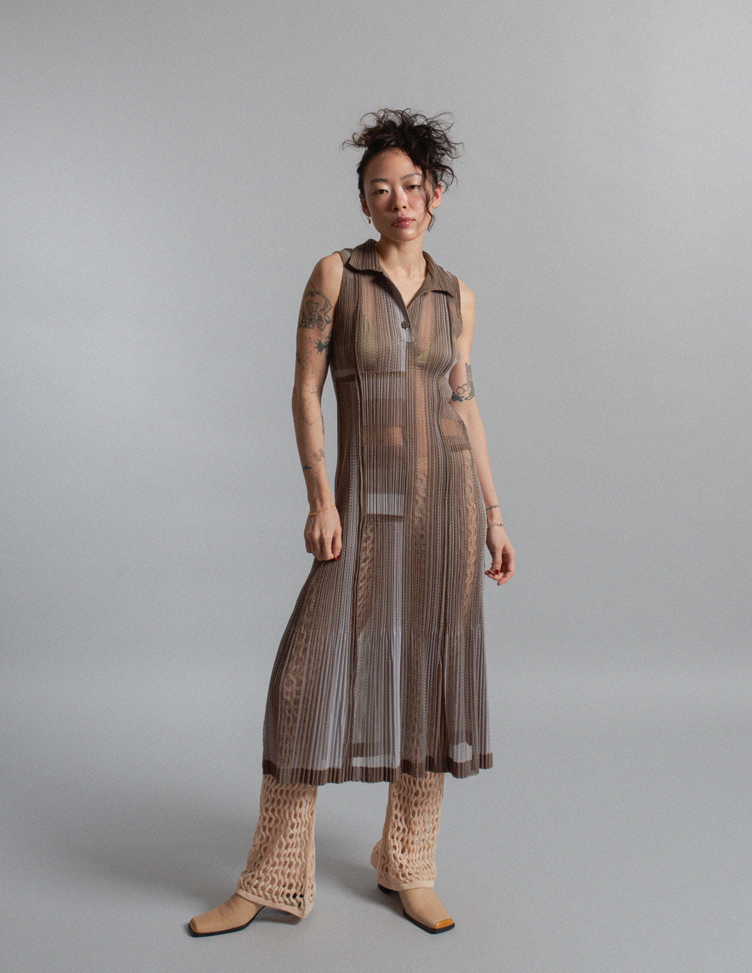 Pleats Please vintage sheer tonal patchwork pleated sleeveless dress