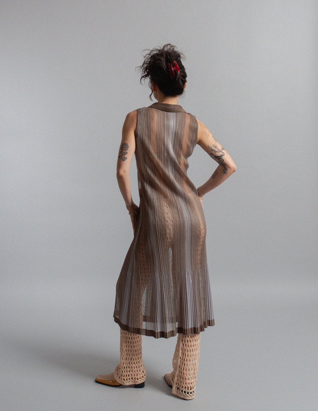 Pleats Please vintage sheer tonal patchwork pleated sleeveless dress back view
