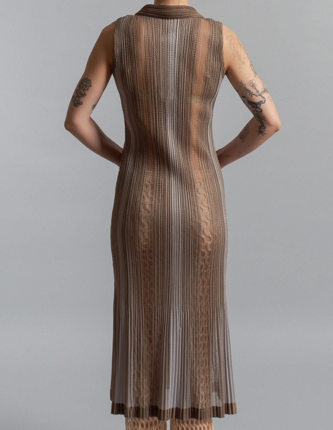 Pleats Please vintage sheer tonal patchwork pleated sleeveless dress back detail