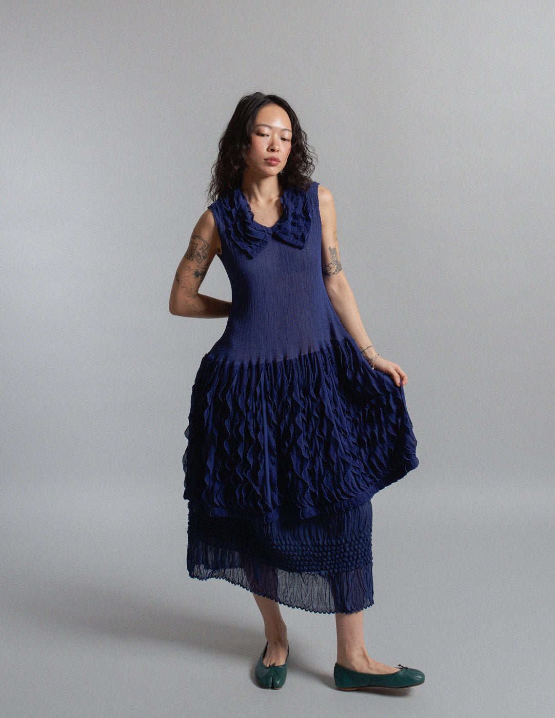 Issey Miyake cobalt blue sculptural ruffle pleated dress