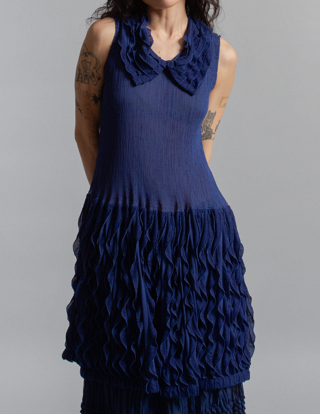 Issey Miyake cobalt blue sculptural ruffle pleated dress front detail