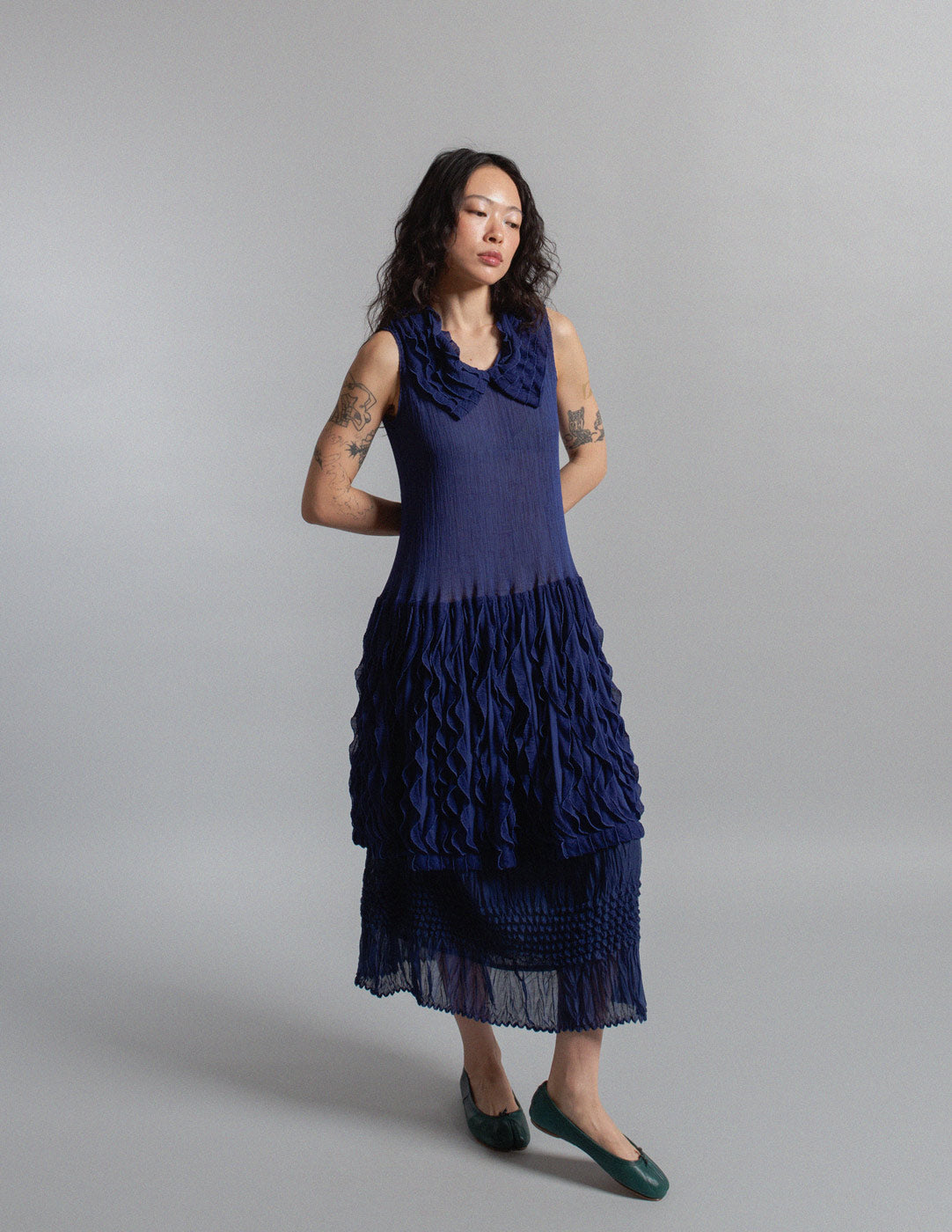 Issey Miyake cobalt blue sculptural ruffle pleated dress