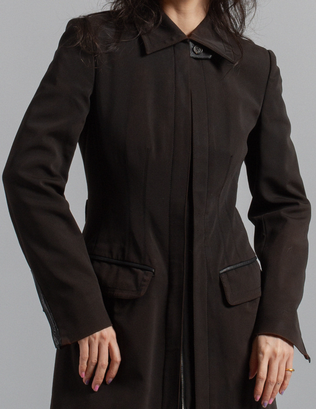 Prada sculpted panel zip-front tailored coat detail
