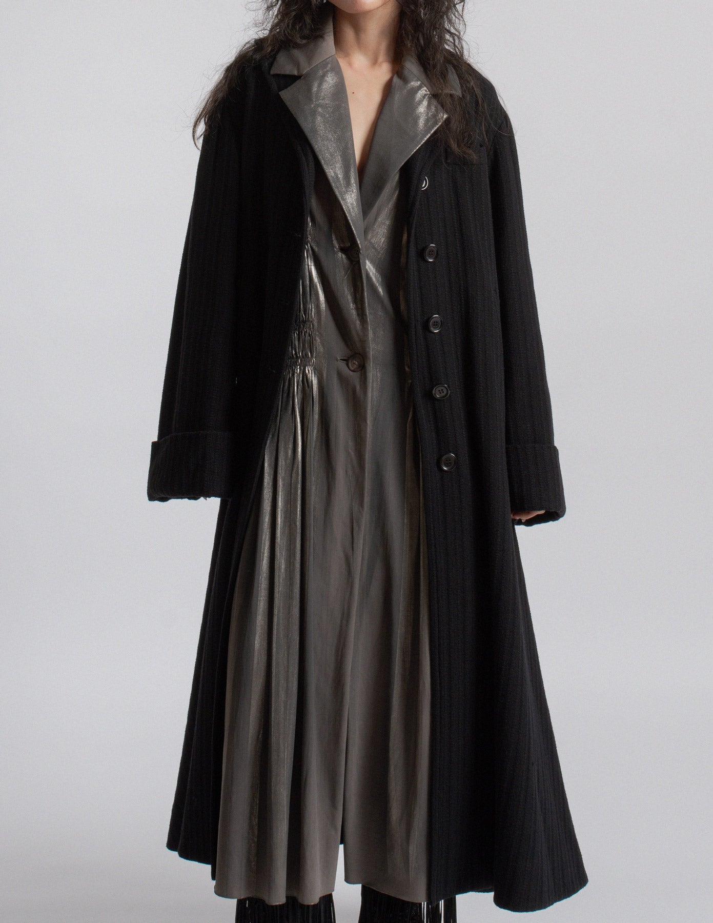 Romeo Gigli vintage black wool maxi swing coat open detail