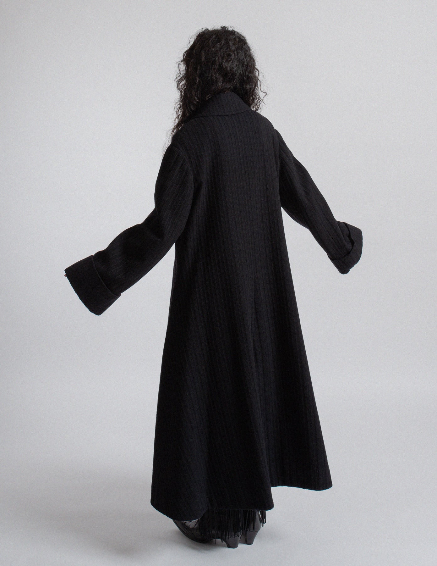 Romeo Gigli vintage black wool maxi swing coat back view