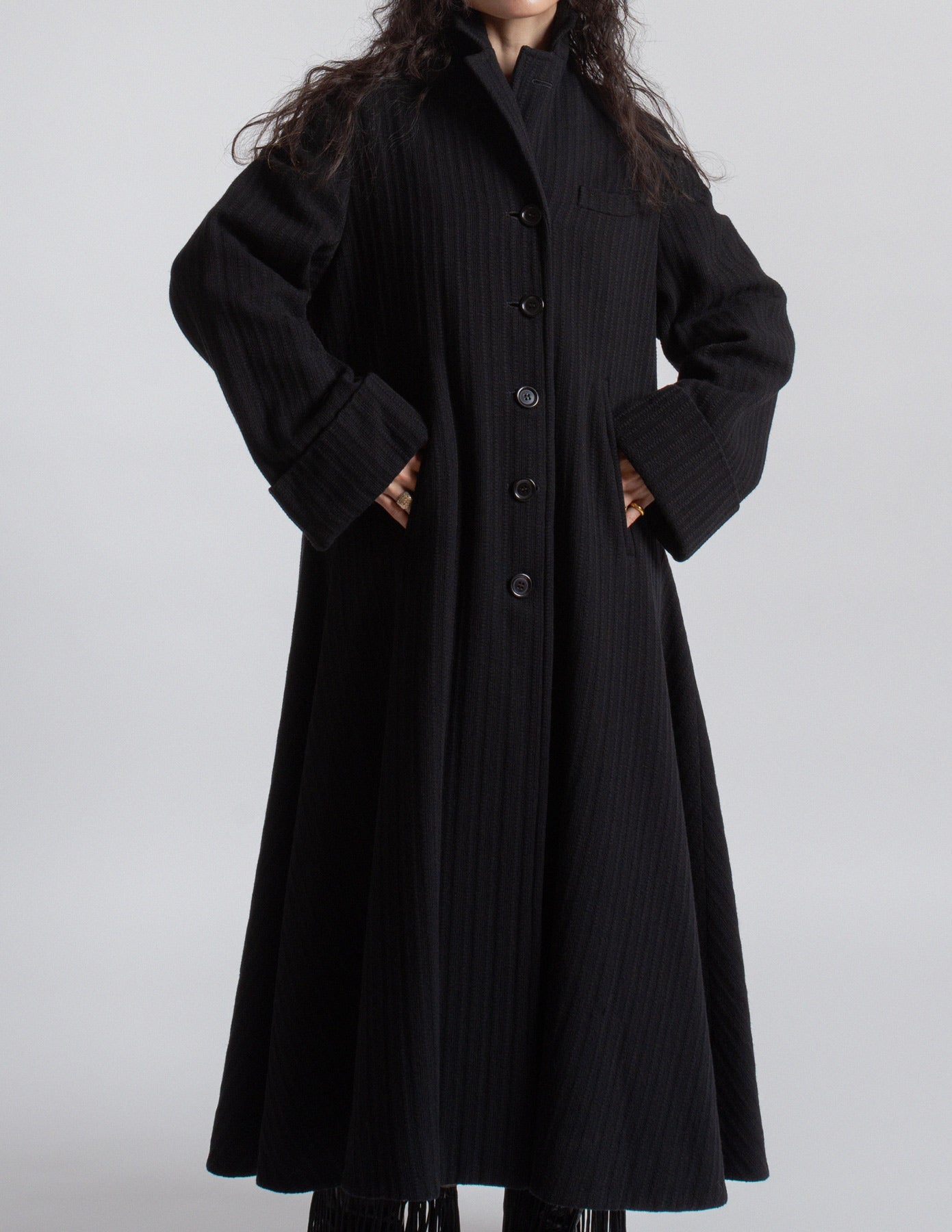 Romeo Gigli vintage black wool maxi swing coat detail