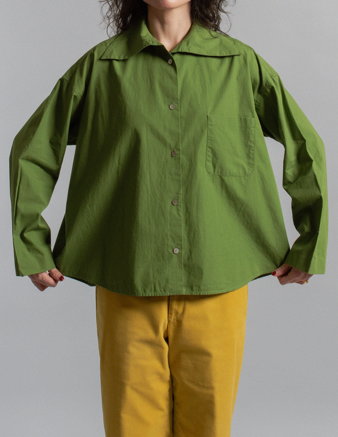 Romeo Gigli vintage earthy moss green cotton shirt front detail