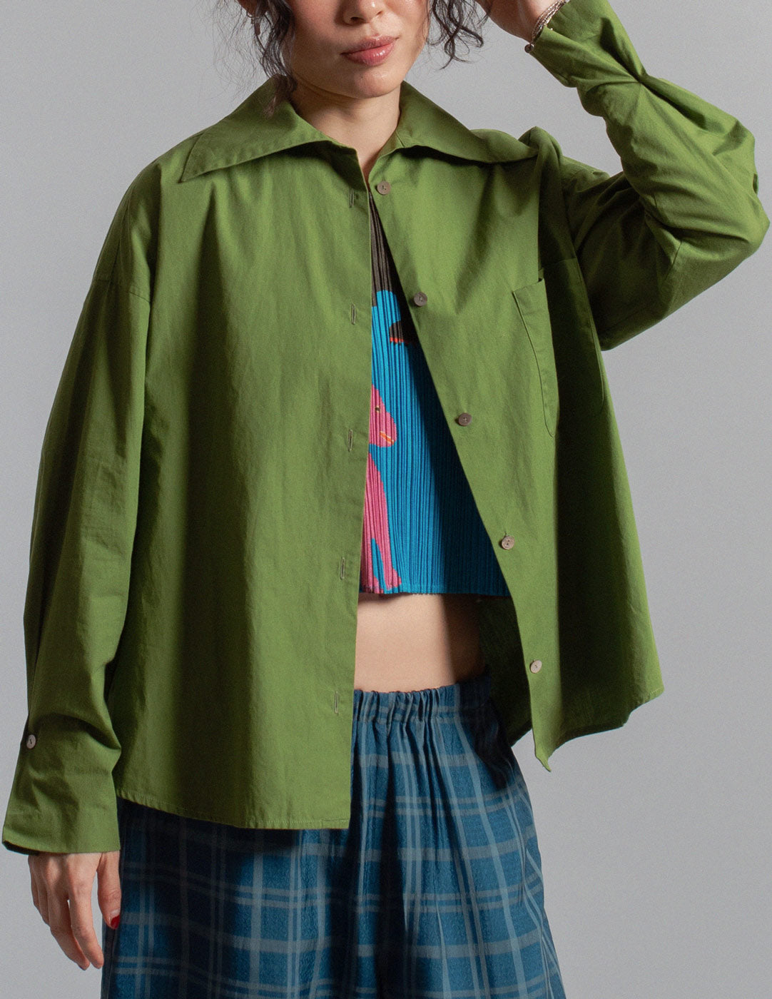 Romeo Gigli vintage earthy moss green cotton shirt open detail