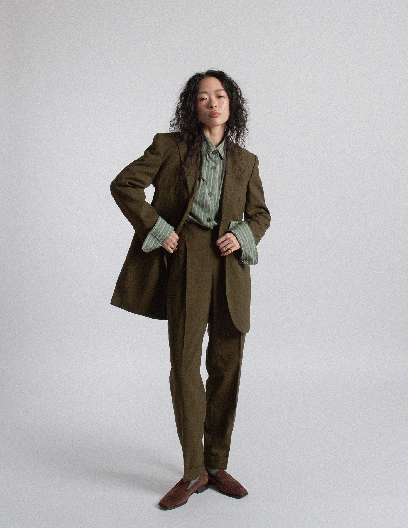 Romeo Gigli vintage olive green wool tailored suit