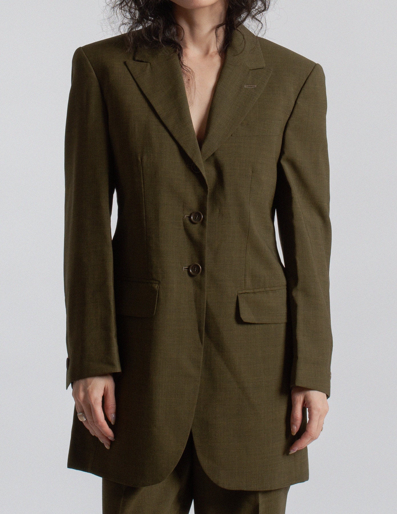 Romeo Gigli vintage olive green wool tailored suit detail