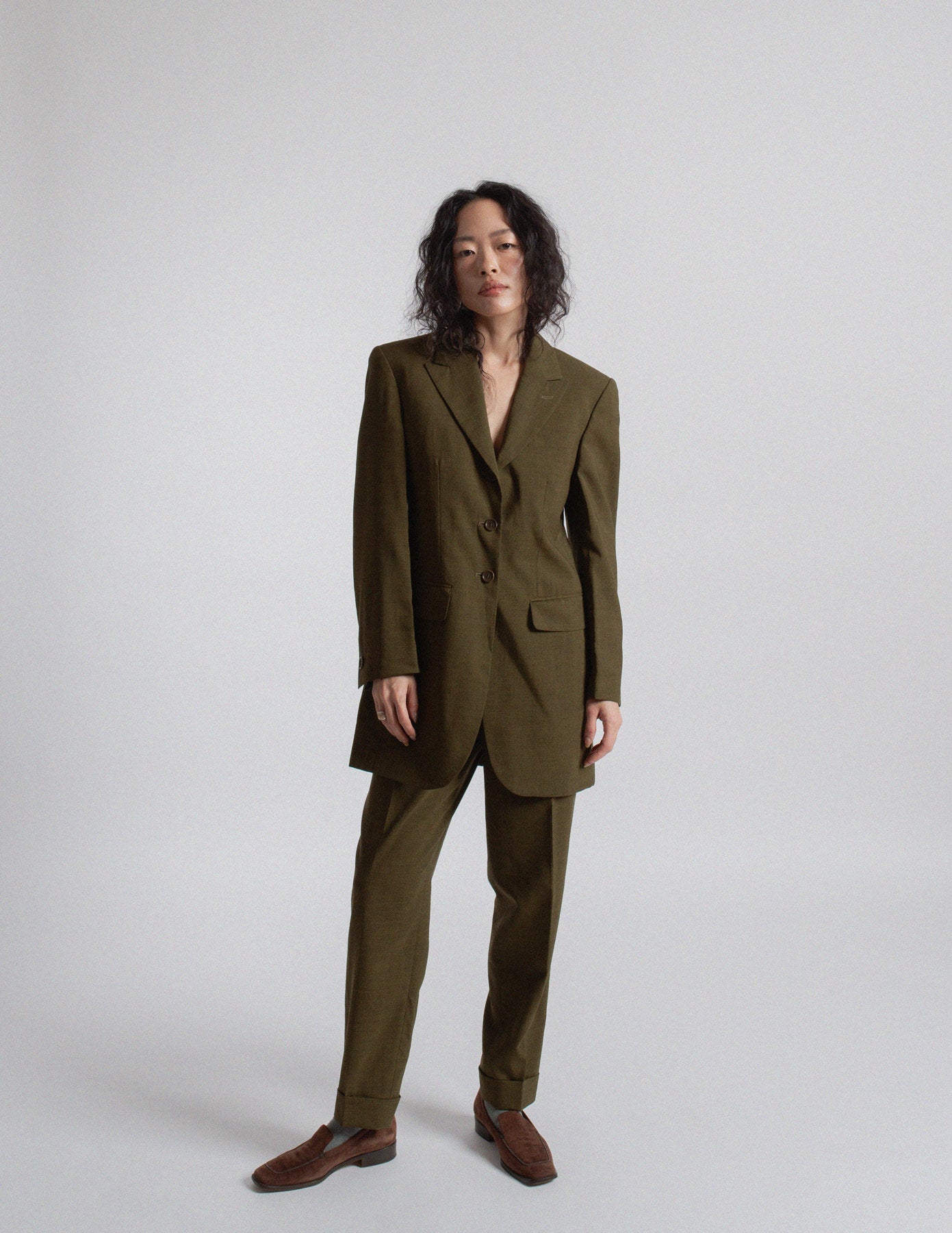 Romeo Gigli vintage olive green wool tailored suit