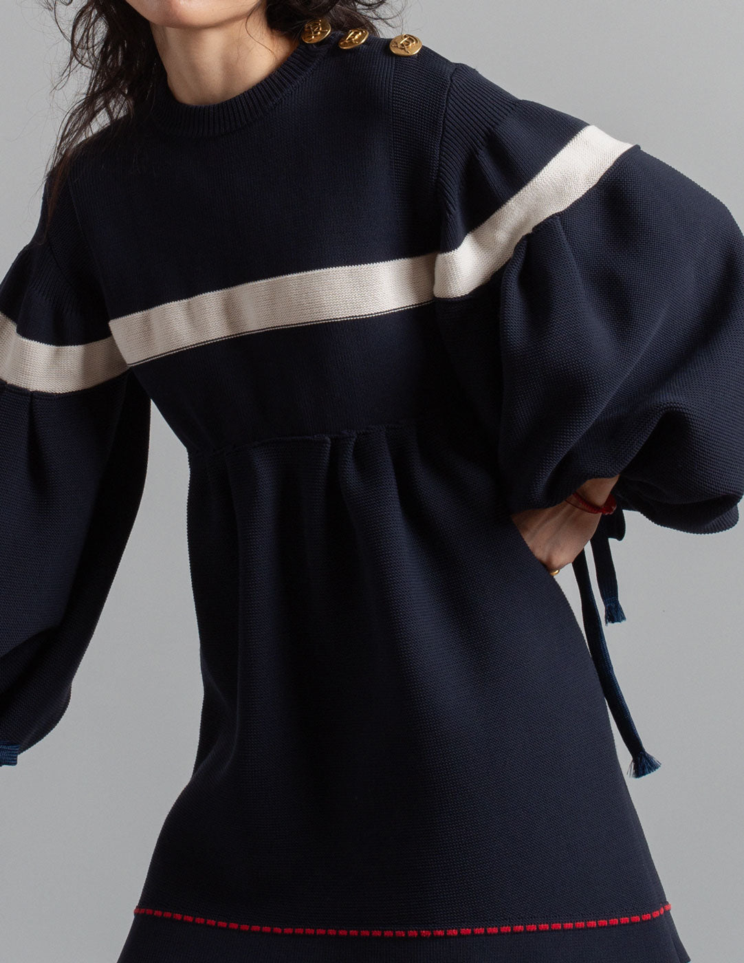 Sonia Rykiel vintage navy knit babydoll dress with balloon sleeves detail