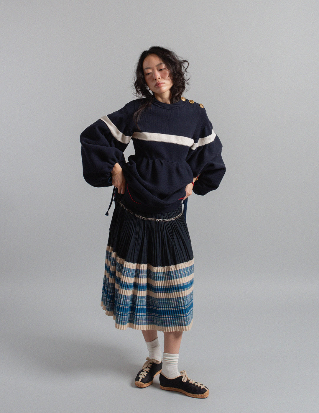 Kapital indigo pleated smocked convertible wrap skirt
