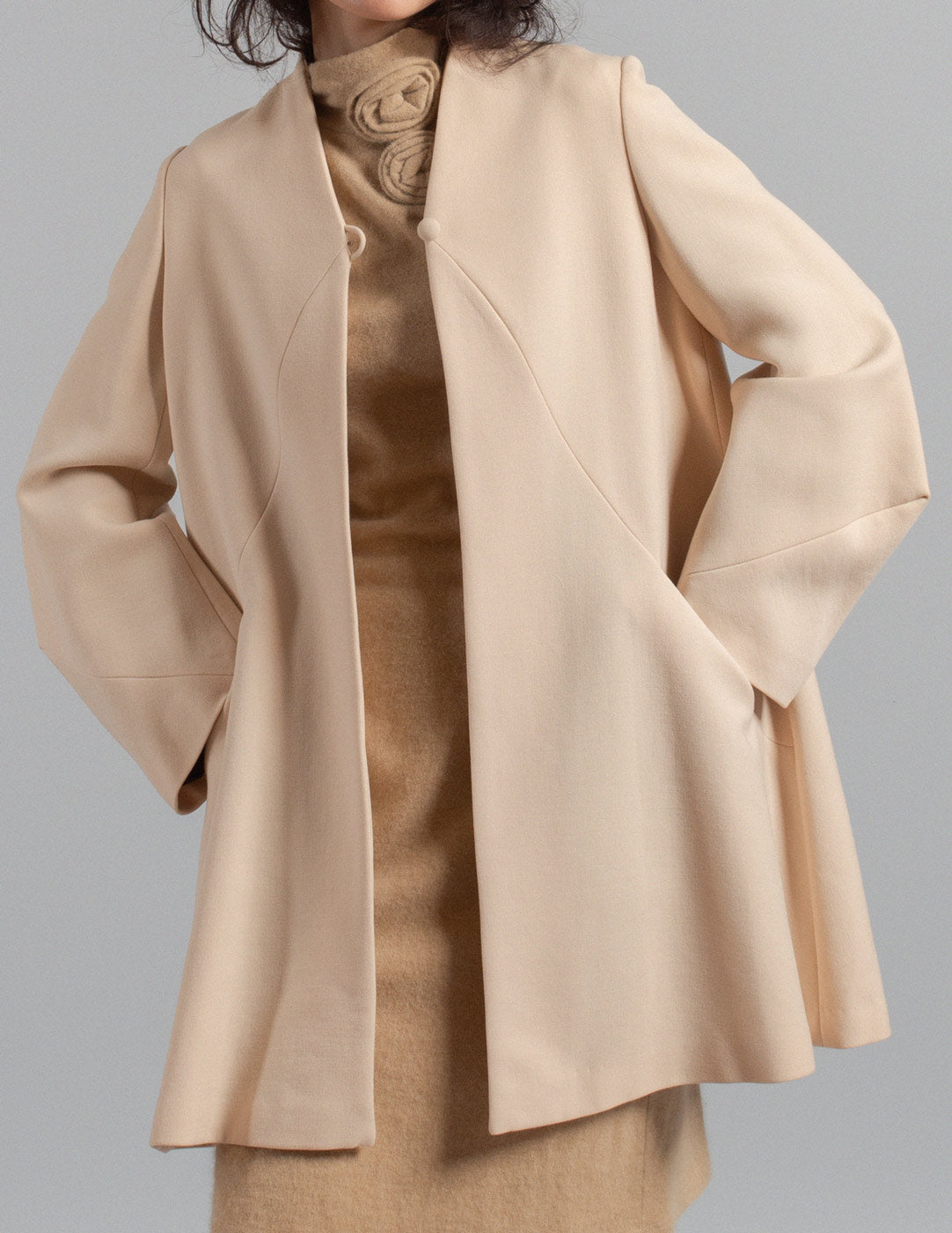 Sybilla vintage eggshell sculptural wool swing coat front detail