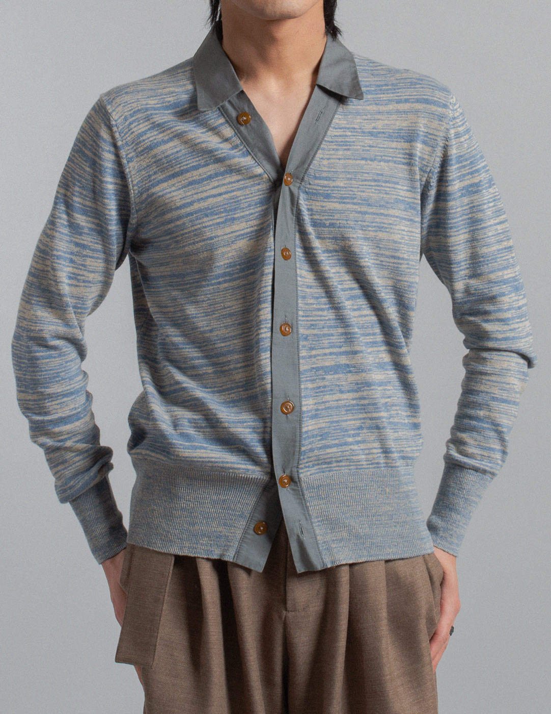 Vivienne Westwood Man dusty blue cotton and linen mélange knit cardigan front detail