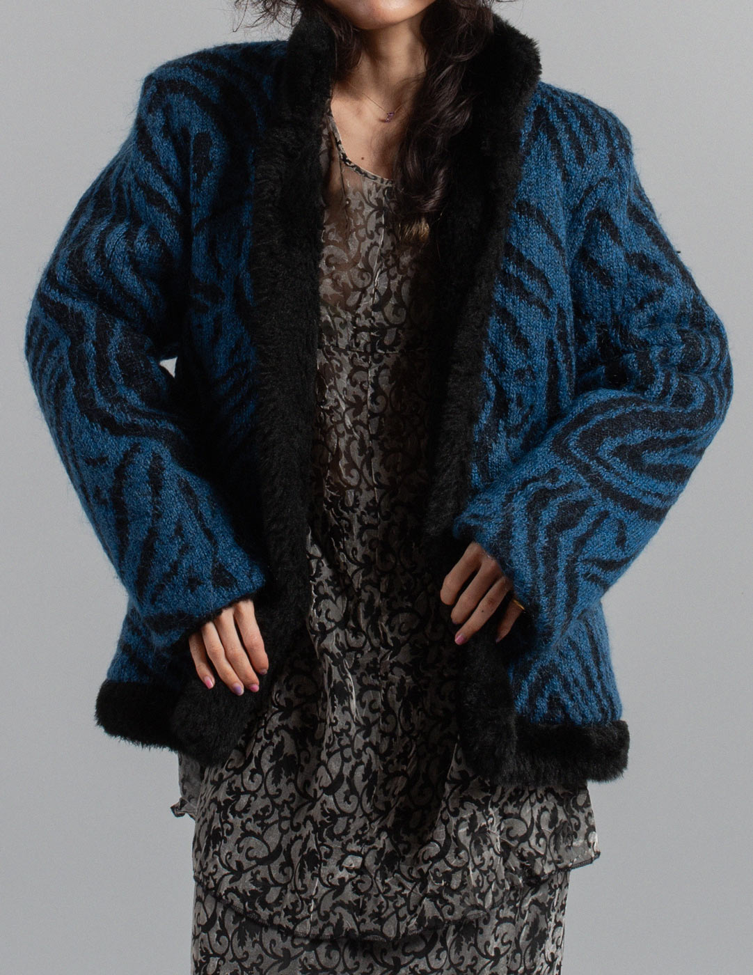 Yves Saint Laurent vintage blue and black patterned mohair wool jacket with faux fur lining front detail