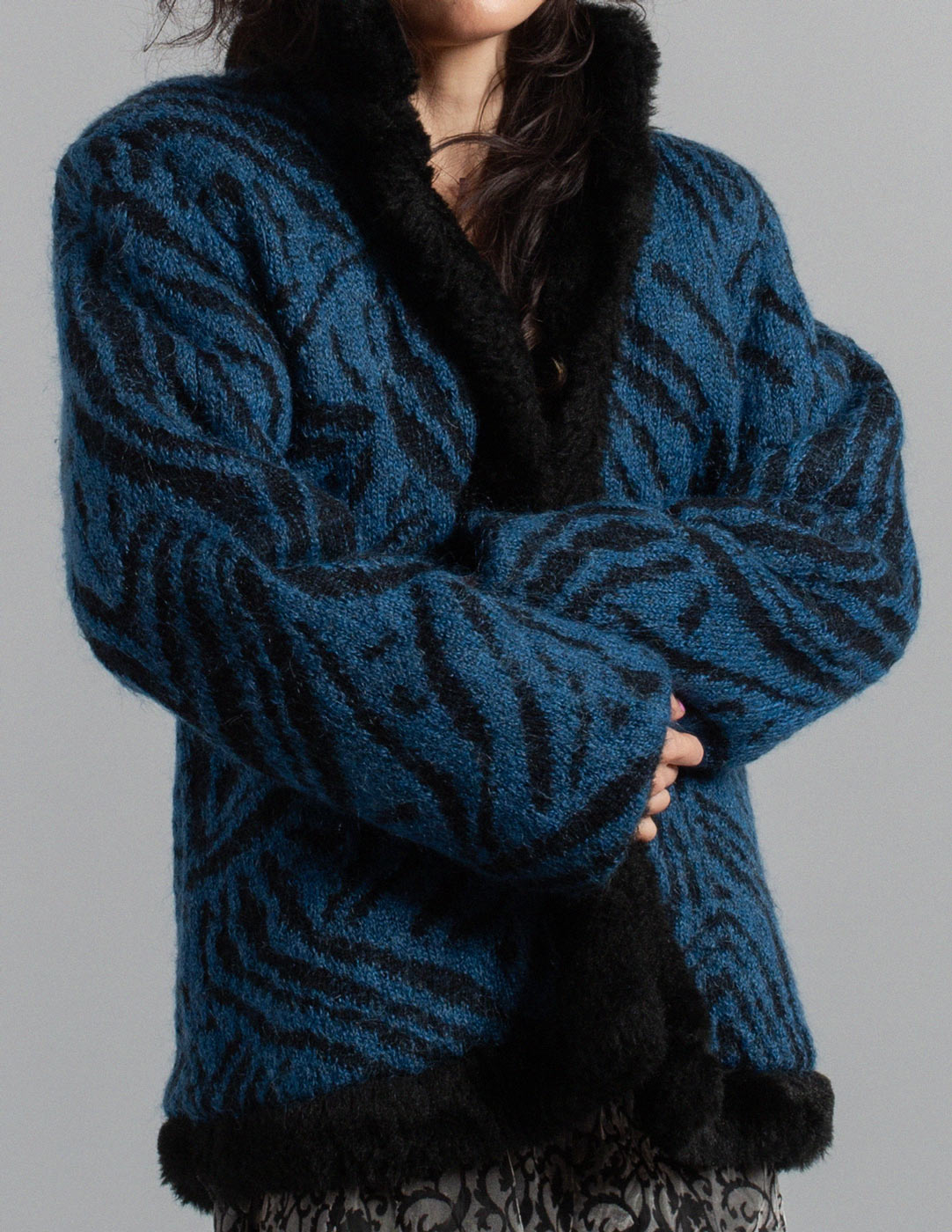 Yves Saint Laurent vintage blue and black patterned mohair wool jacket with faux fur lining detail