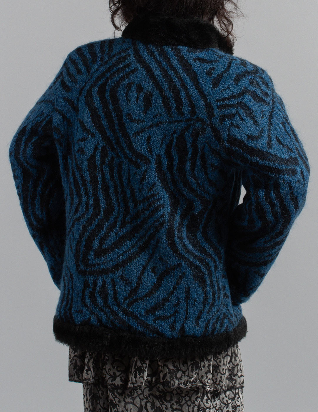 Yves Saint Laurent vintage blue and black patterned mohair wool jacket with faux fur lining detail