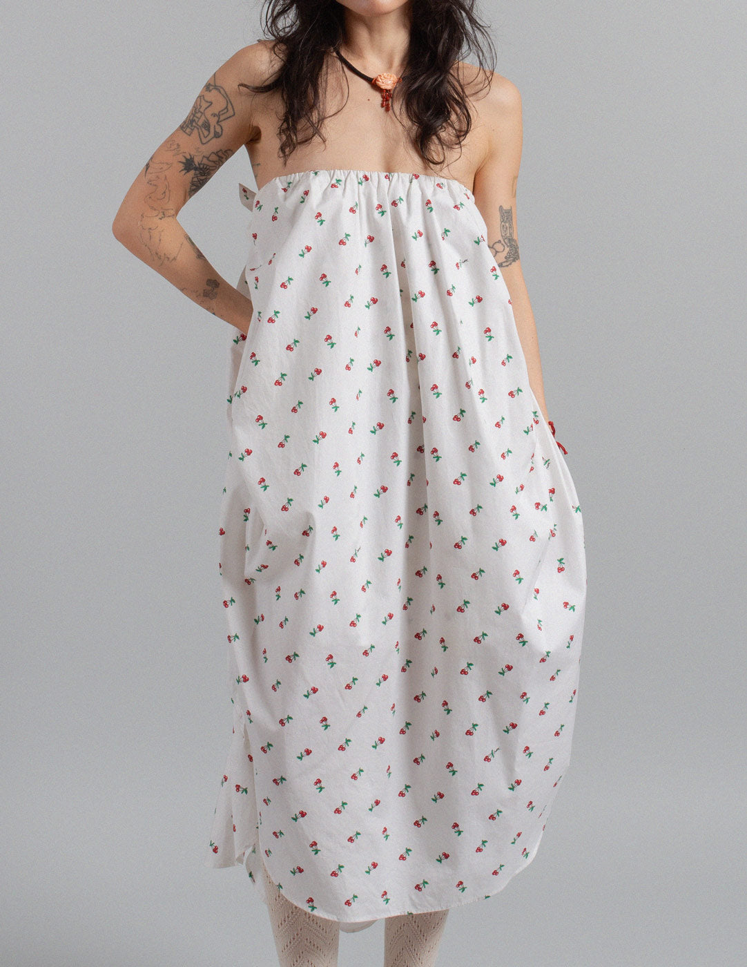 Yves Saint Laurent cherry print ruffled cotton dress front detail