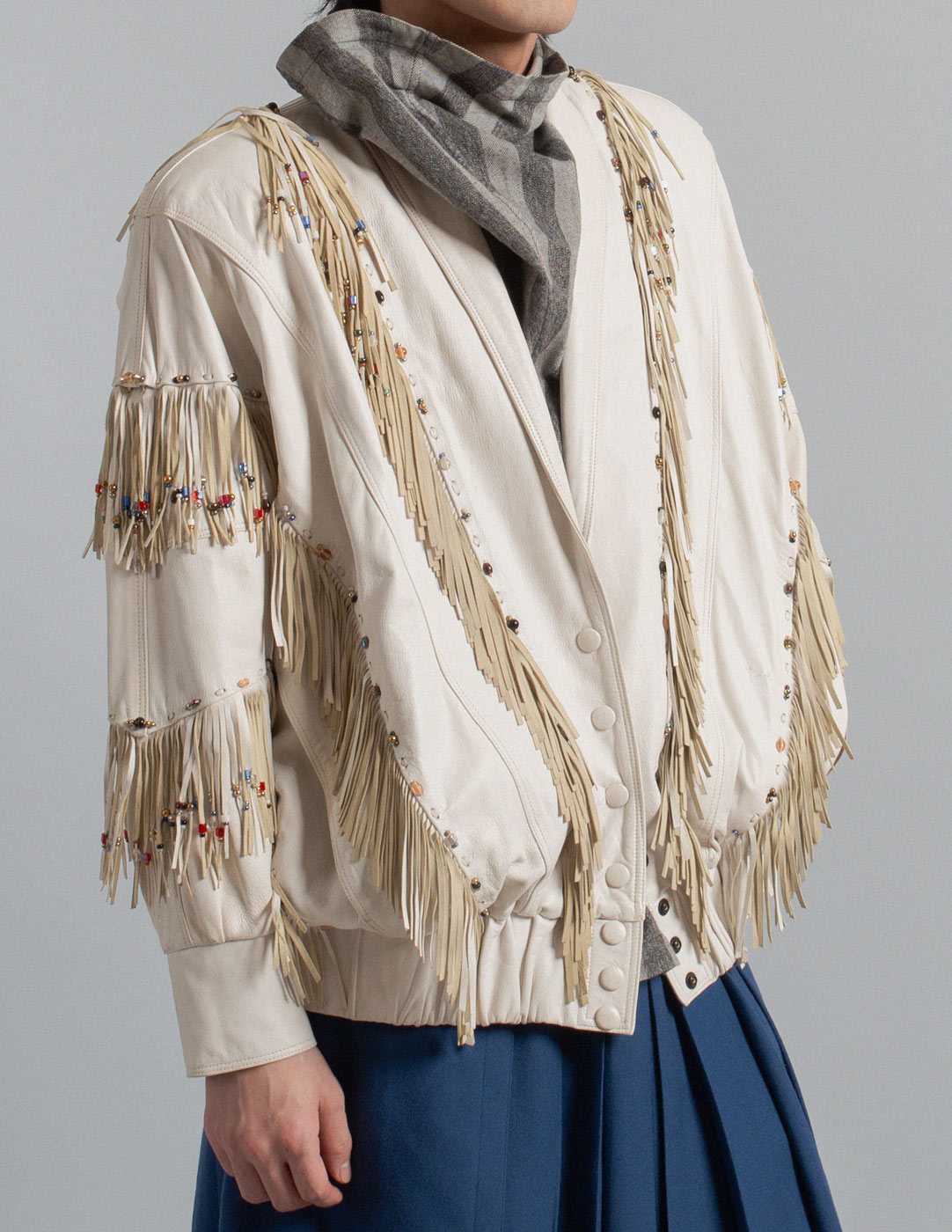 Workroom 70s by Gene Stranquist vintage artisanal beaded fringe leather jacket detail