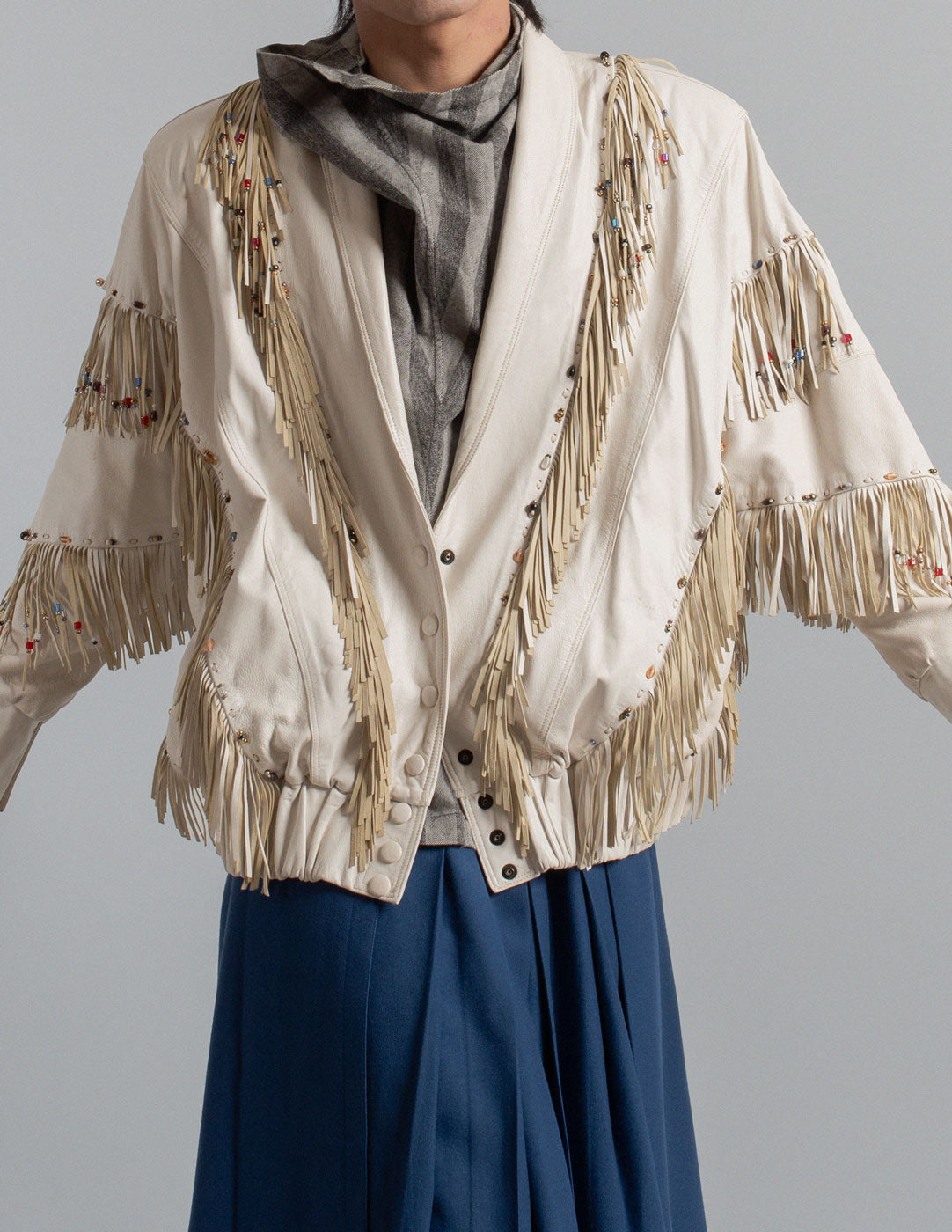 Workroom 70s by Gene Stranquist vintage artisanal beaded fringe leather jacket front detail