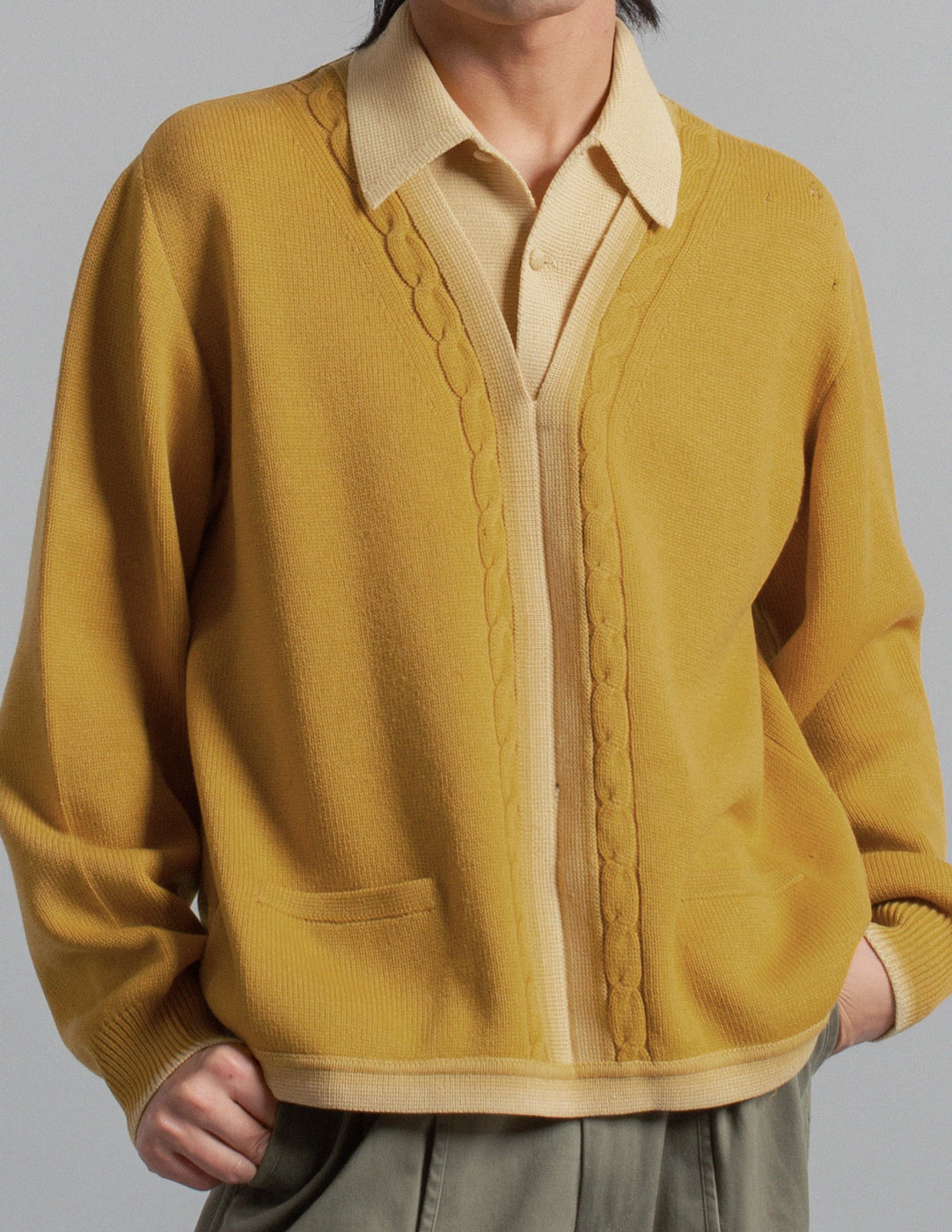 vintage mustard cable knit collared sweater detail
