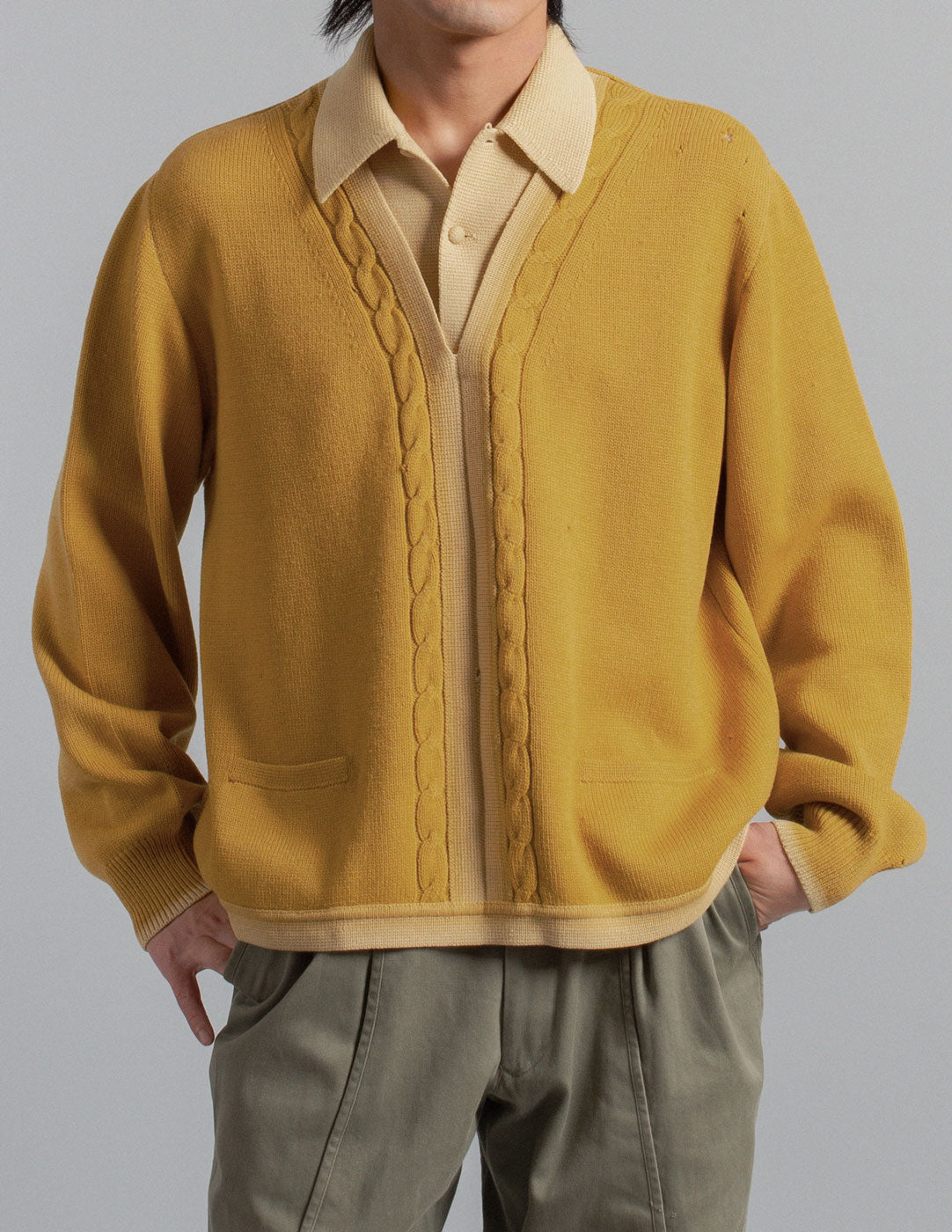 vintage mustard cable knit collared sweater front detail