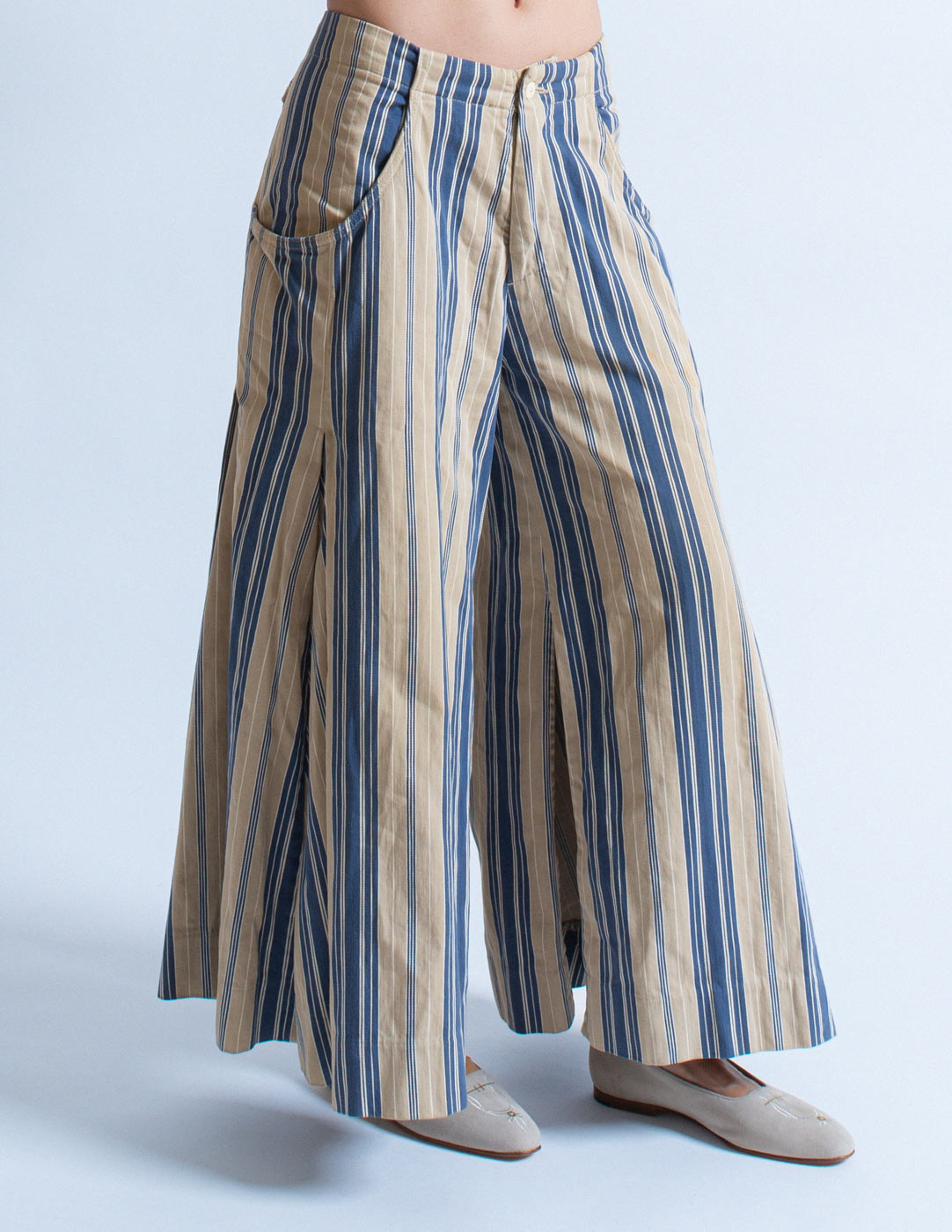 Kapital striped cotton flare pants front detail