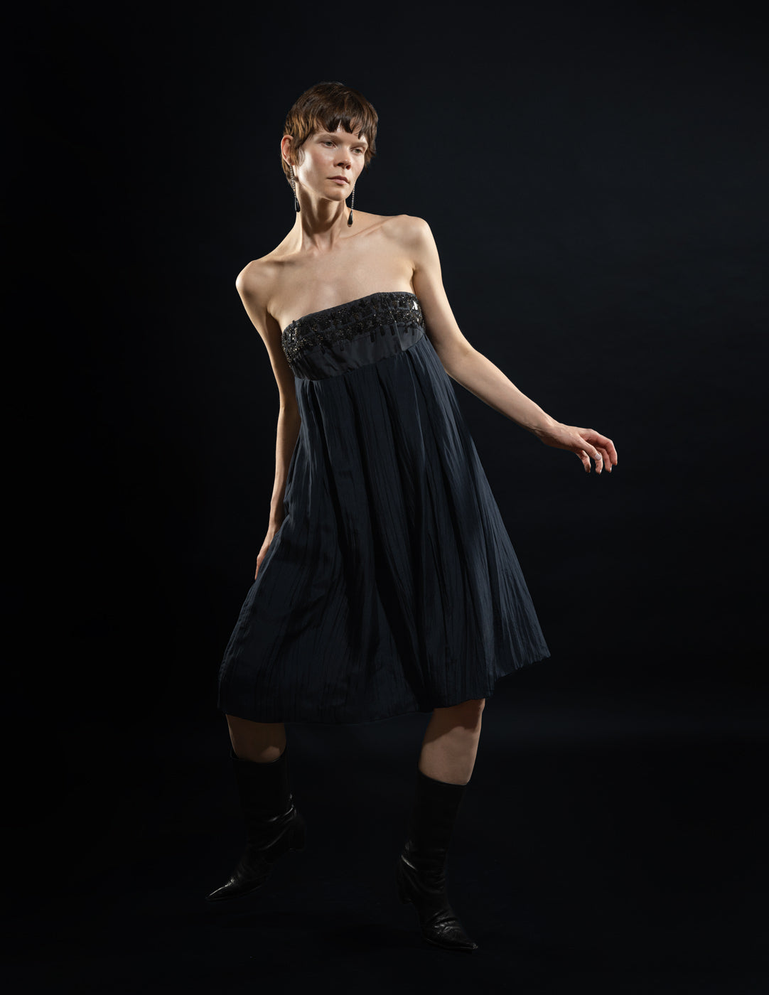 Marni navy strapless silk dress with sequined bodice