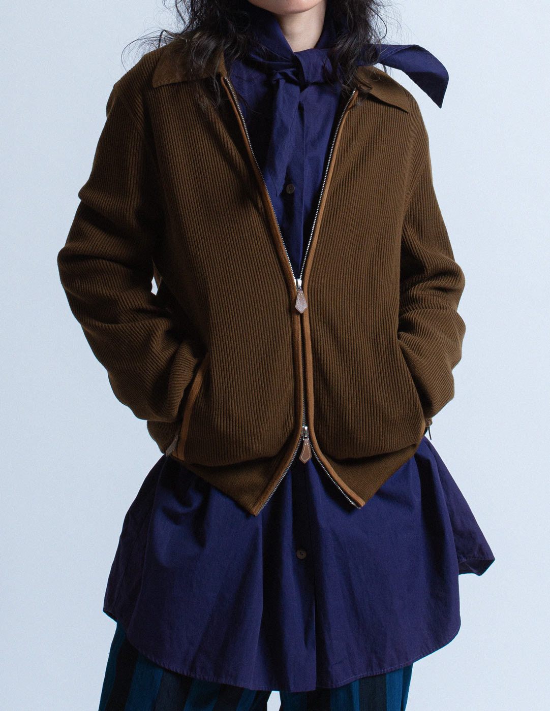 Hermès vintage brown zip up wool sweater with leather trim detail