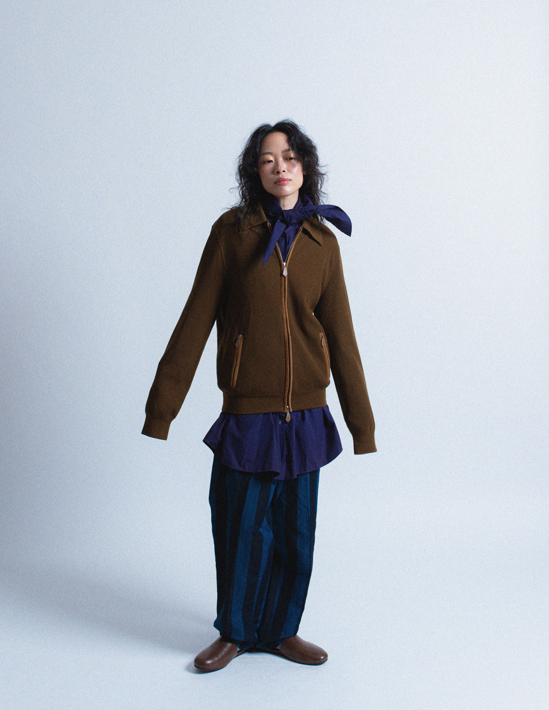 Hermès vintage brown zip up wool sweater with leather trim