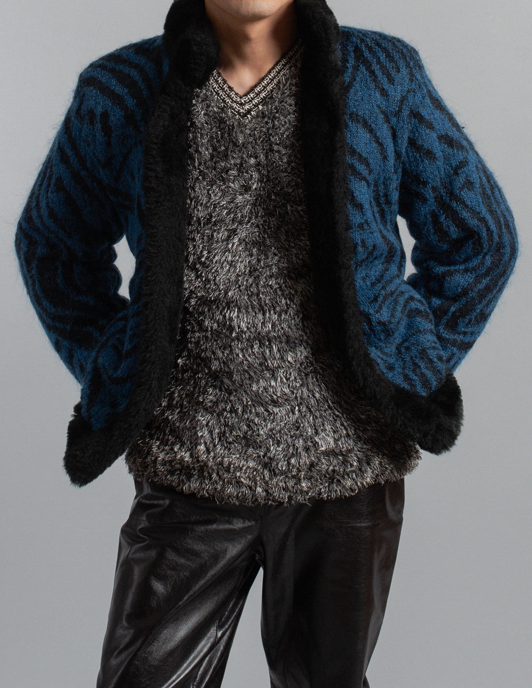 Yves Saint Laurent vintage blue and black patterned mohair wool jacket with faux fur lining detail