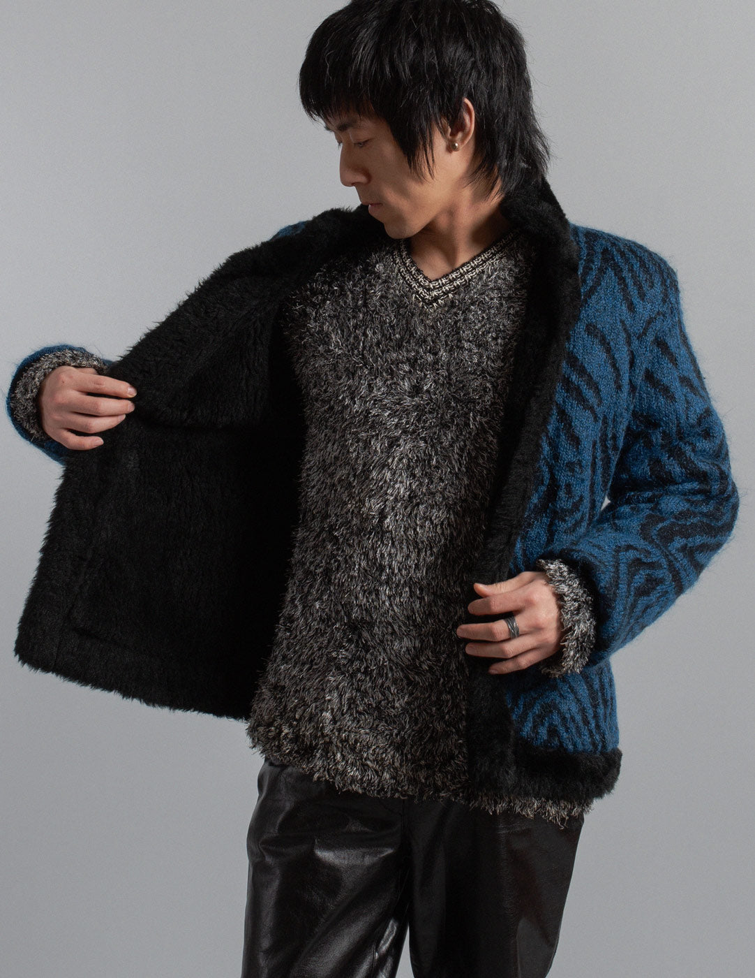 Yves Saint Laurent vintage blue and black patterned mohair wool jacket with faux fur lining detail