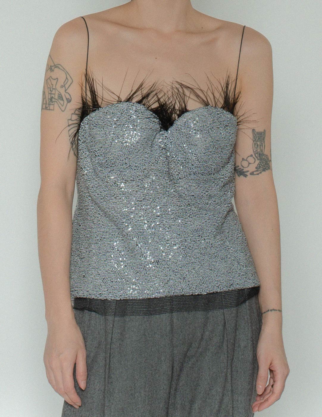 Rochas sequins bustier with feather front detail