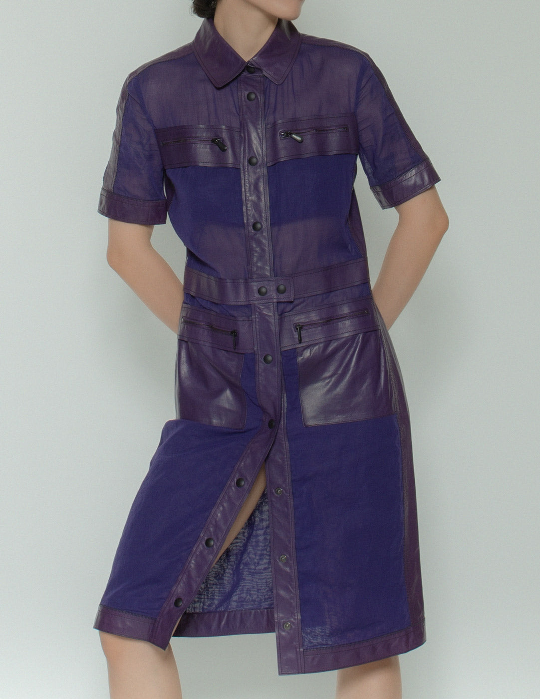 Bottega Veneta purple leather mesh dress front detail