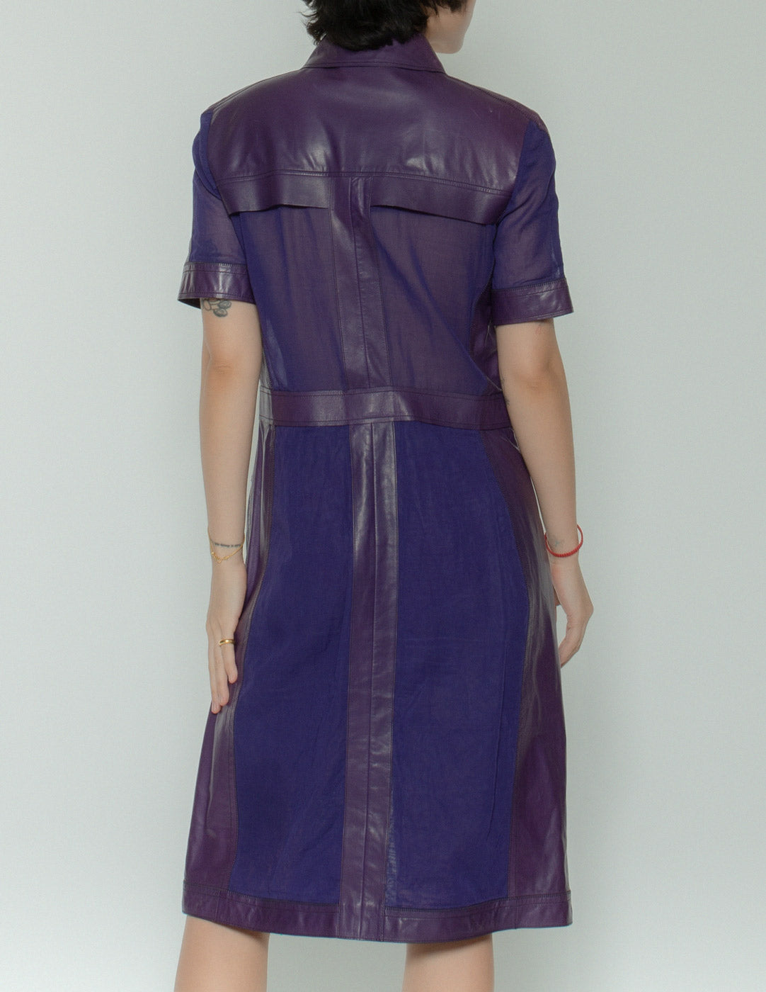 Bottega Veneta purple leather mesh dress back detail
