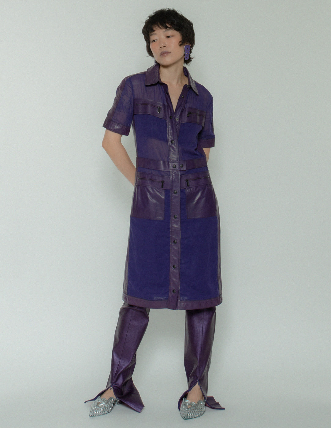 Bottega Veneta purple leather mesh dress 