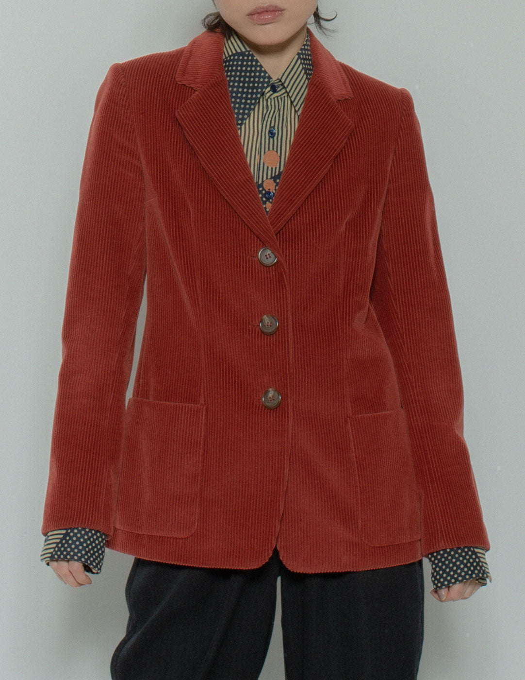 Bill Blass vintage brick red corduroy blazer front detail
