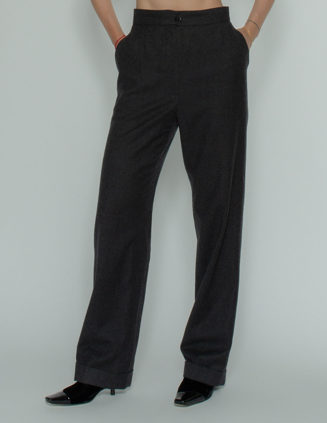 Chanel vintage charcoal wool and cashmere trousers front detail