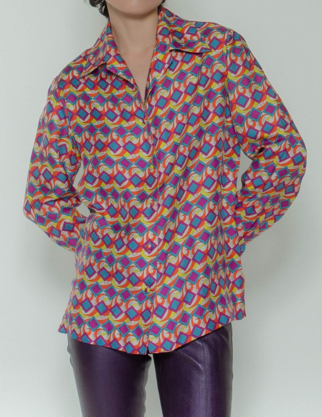 Emilio Pucci vintage geometric motif silk shirt front detail