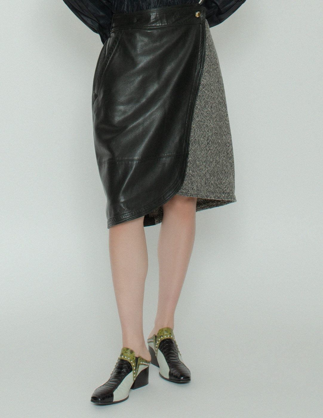 Gianni Versace vintage leather and wool wrap skirt front detail