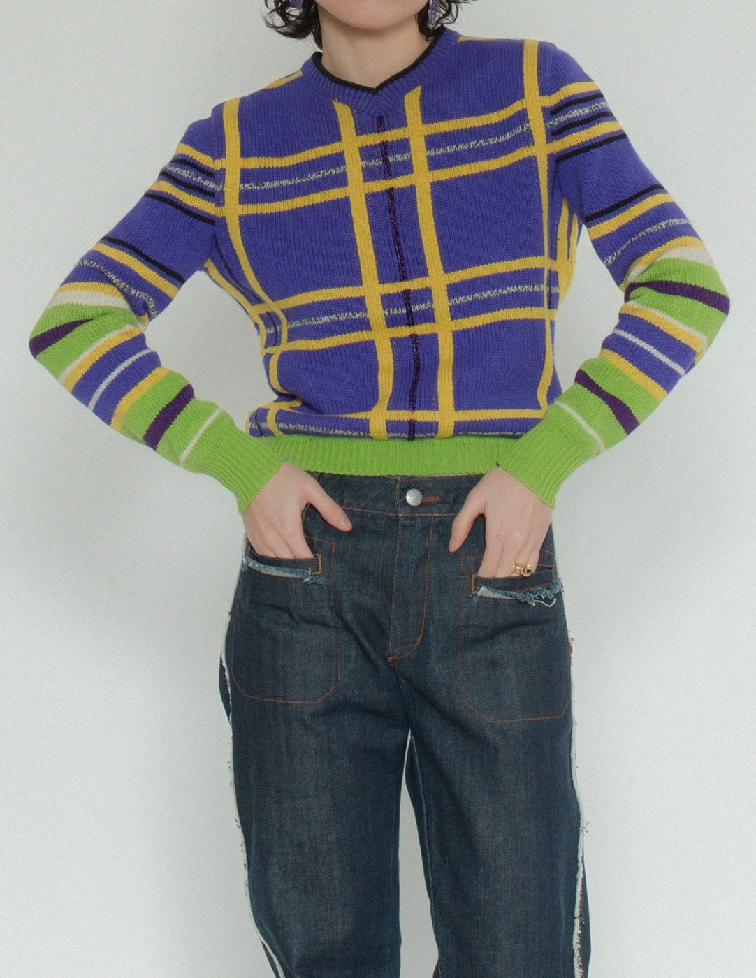 Gianni Versace vintage multi-colored plaid sweater front detail